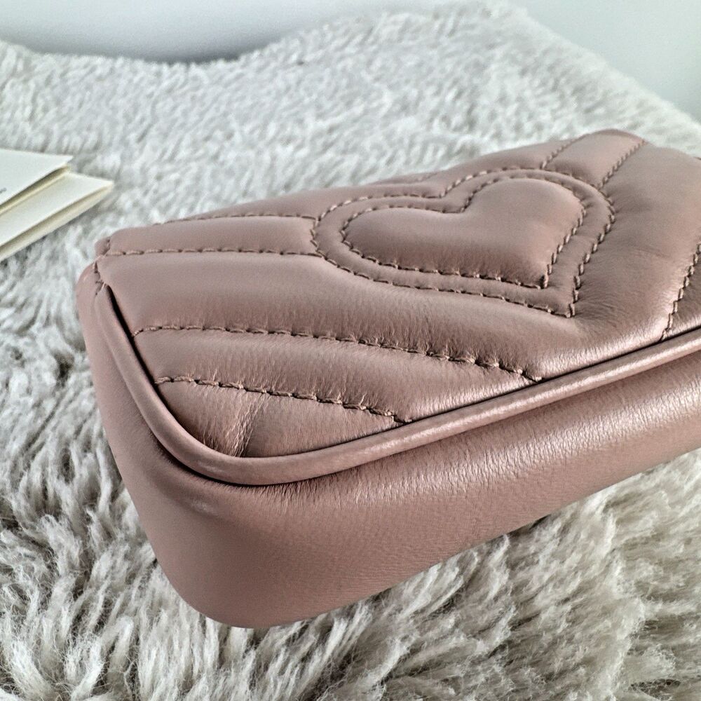 Gucci GG Marmont Super Mini Bag Wristlet Dusty Pink Matelasse Leather - Picture 12 of 16